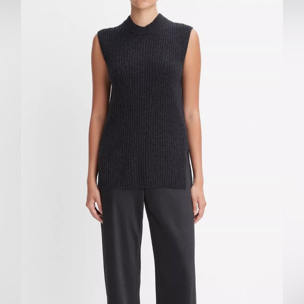 Vince  Cashmere Wool Sleeveless Ribbed Tunic Sweater vest Heather Charcoal S